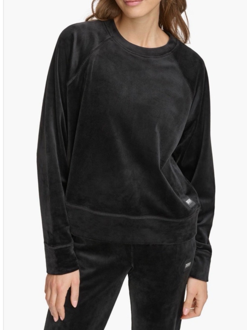 DKNY Velour Crewneck Raglan Sweatshirtin Black Size Large EUC